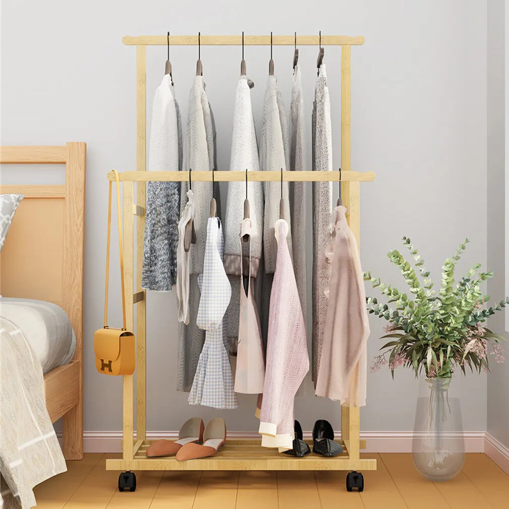 Double-Rail Bamboo Clothes Rack High Low Hanging Rod Organizer