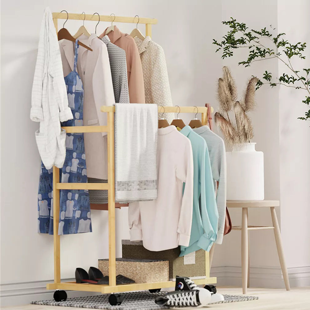 Double-Rail Bamboo Clothes Rack High Low Hanging Rod Organizer