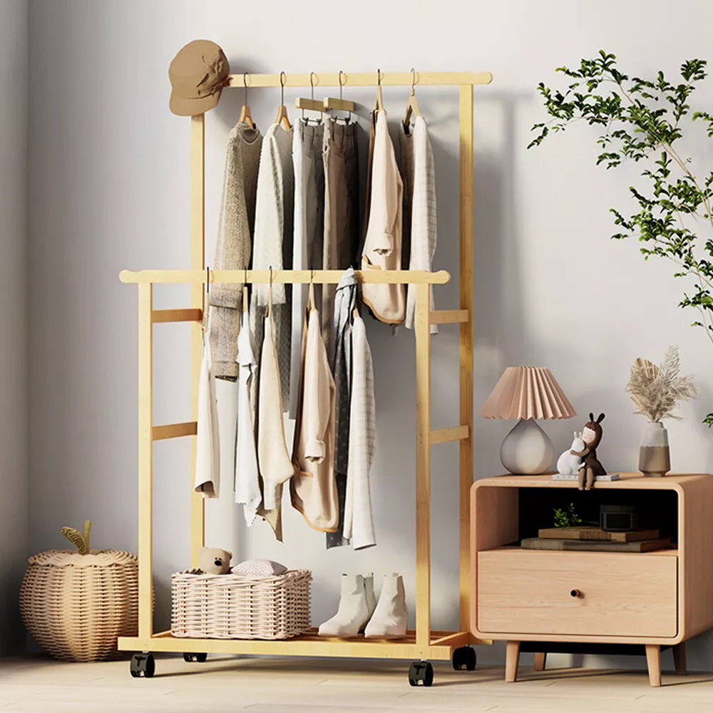 Double-Rail Bamboo Clothes Rack High Low Hanging Rod Organizer