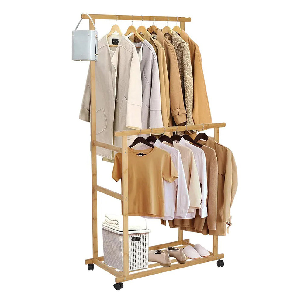 Double-Rail Bamboo Clothes Rack High Low Hanging Rod Organizer