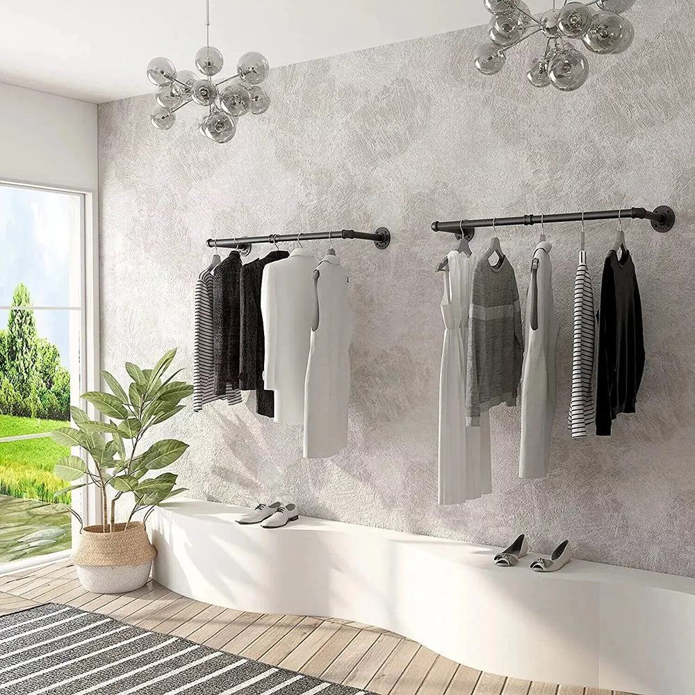 Pack Of 2 Wall-mounted Iron Industrial Pipe Clothes Rail Rack