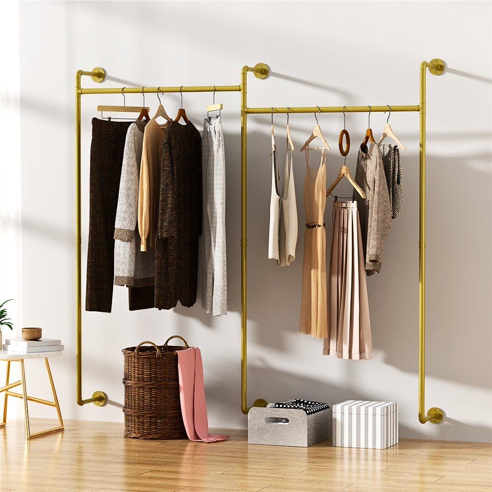 Industrial Pipe Clothing Rack Wall Mounted with Hanging Rods - Gold
