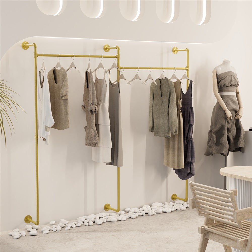 Industrial Pipe Clothing Rack Wall Mounted with Hanging Rods - Gold
