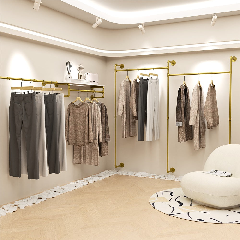 Industrial Pipe Clothing Rack Wall Mounted with Hanging Rods - Gold