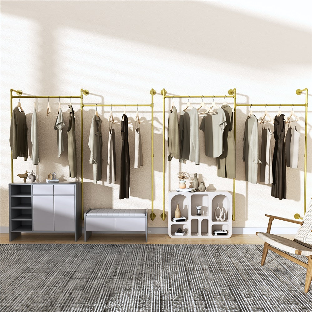 Industrial Pipe Clothing Rack Wall Mounted with Hanging Rods - Gold