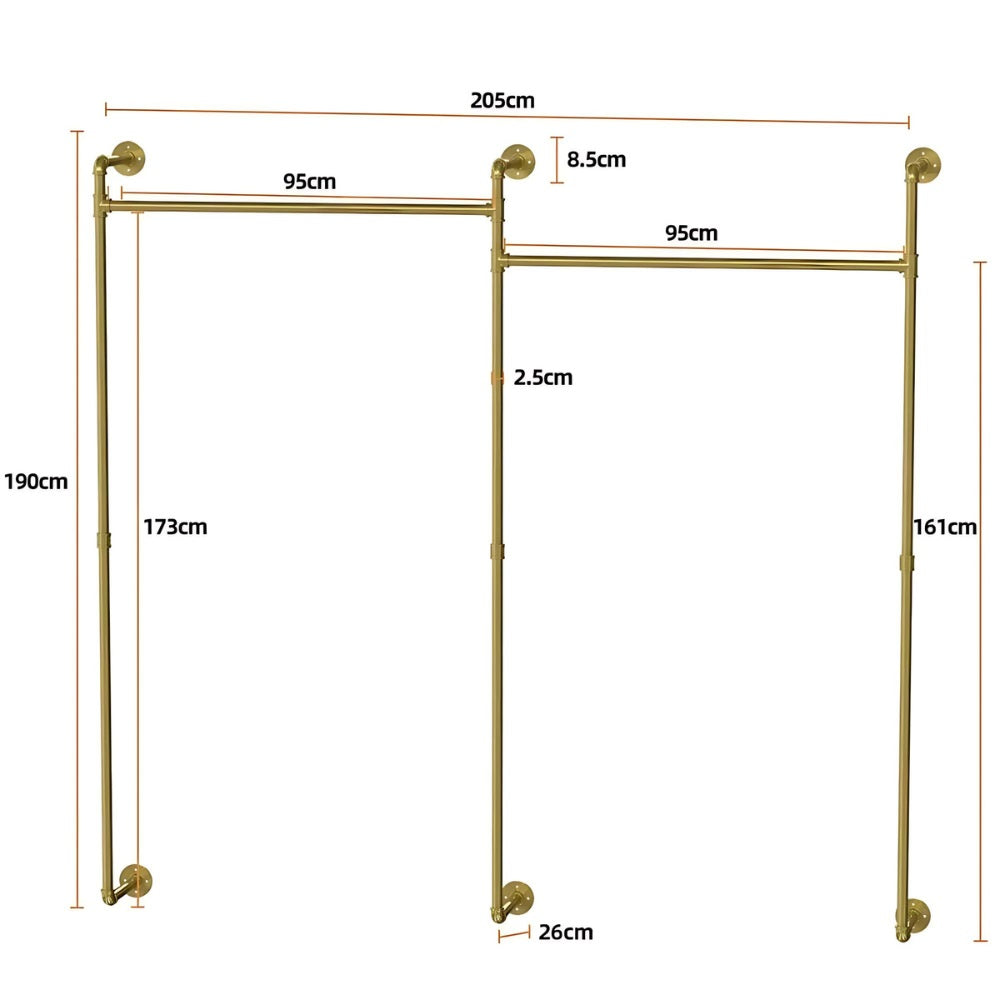 Industrial Pipe Clothing Rack Wall Mounted with Hanging Rods - Gold