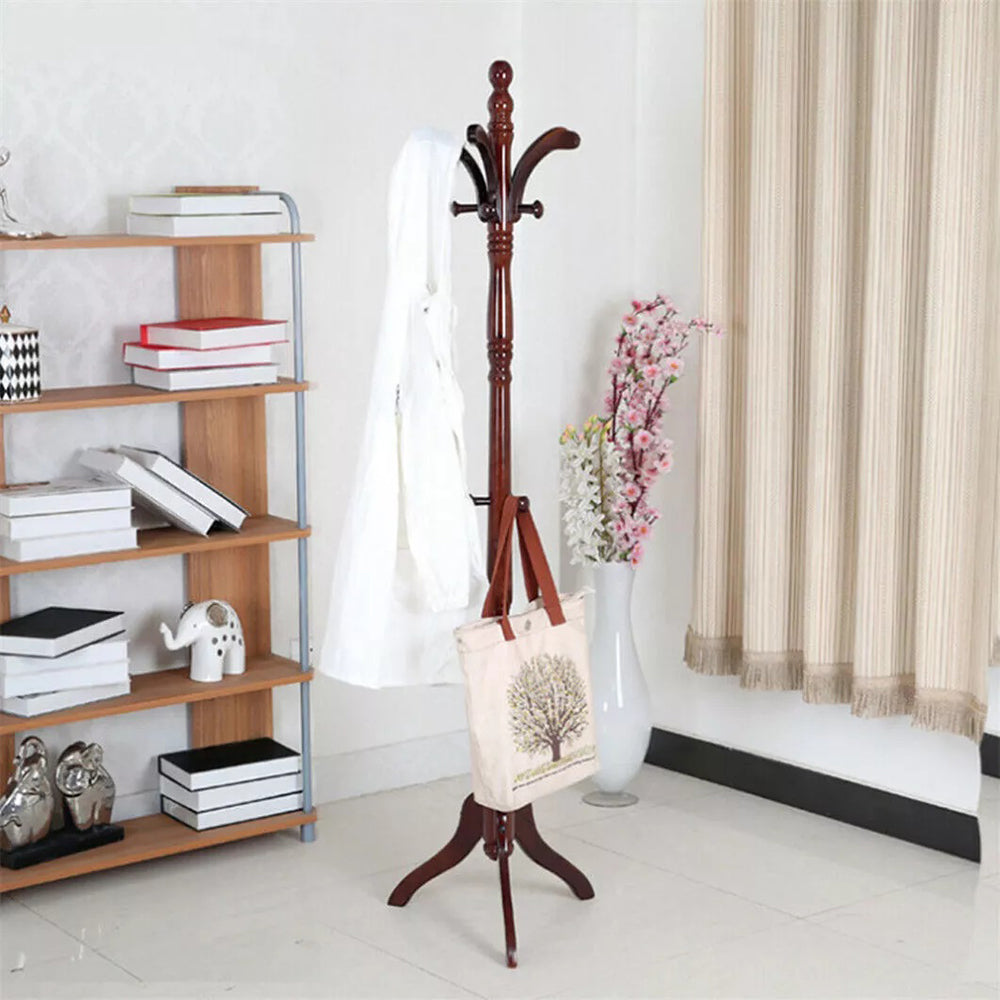 Solid Birch Wood Coat Racks Stand Floor Standing Hanger Rack with Tripod Base