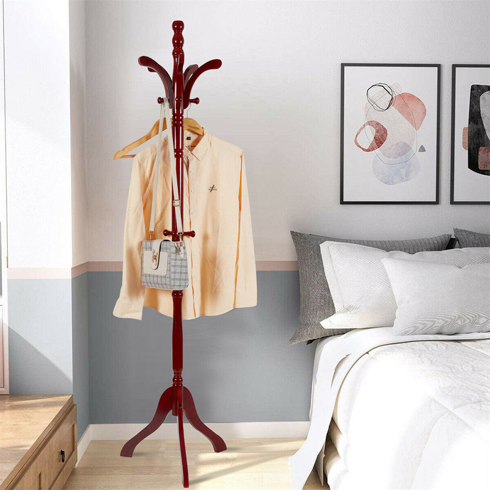 Solid Birch Wood Coat Racks Stand Floor Standing Hanger Rack with Tripod Base