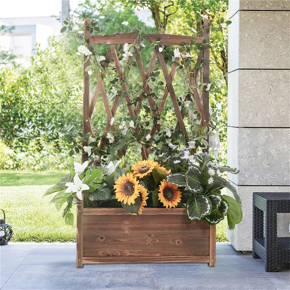 Lattice Raised Garden Bed Wooden Planter Box with Trellis