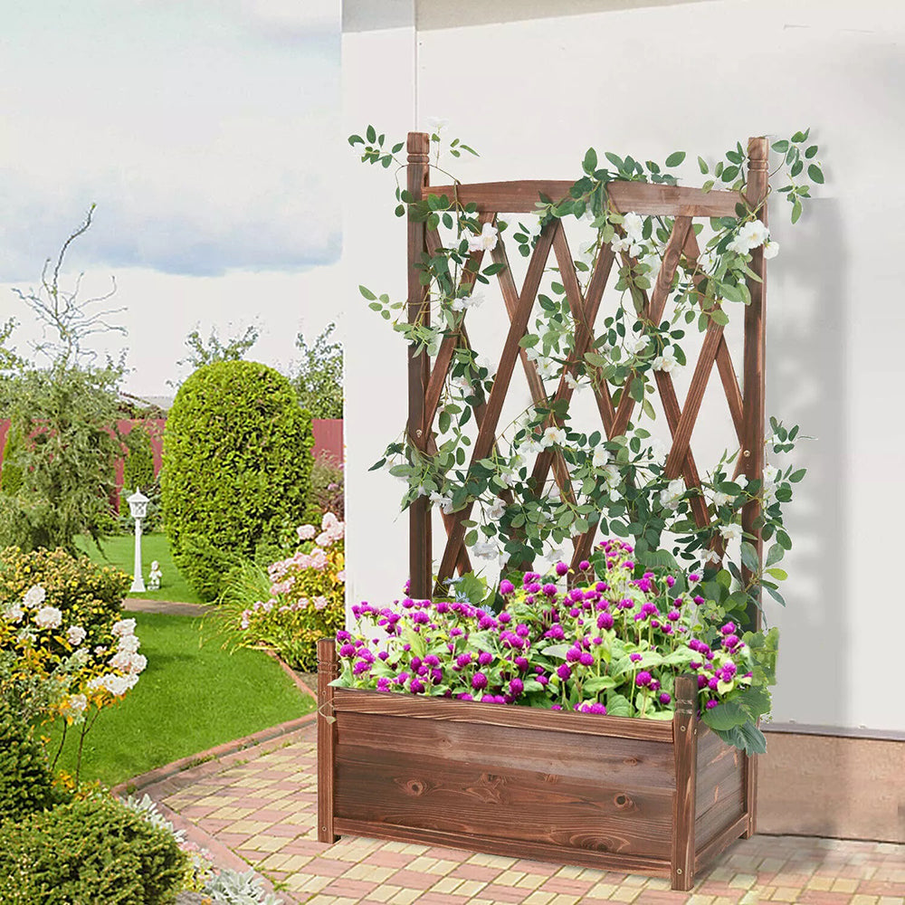 Lattice Raised Garden Bed Wooden Planter Box with Trellis