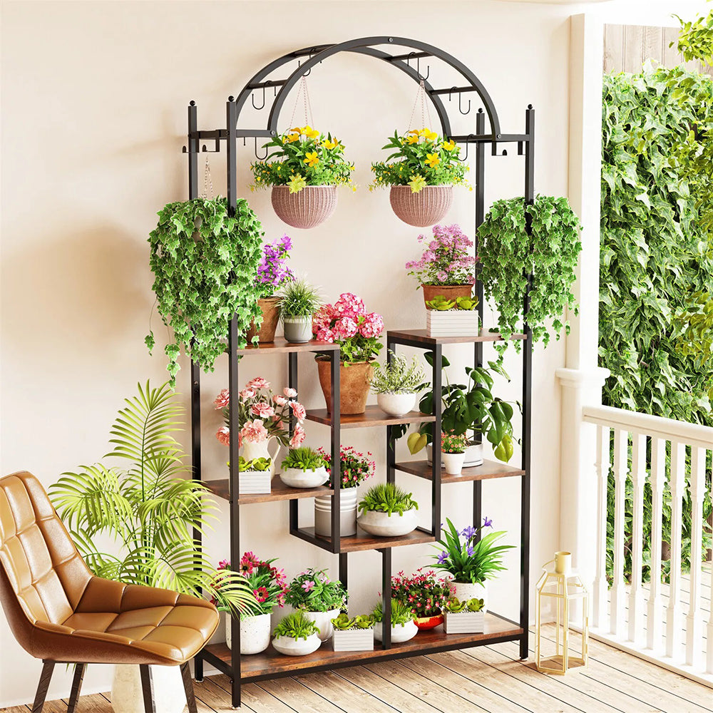 Extra Large Arched Metal Flower Shelf with Hanging Hooks