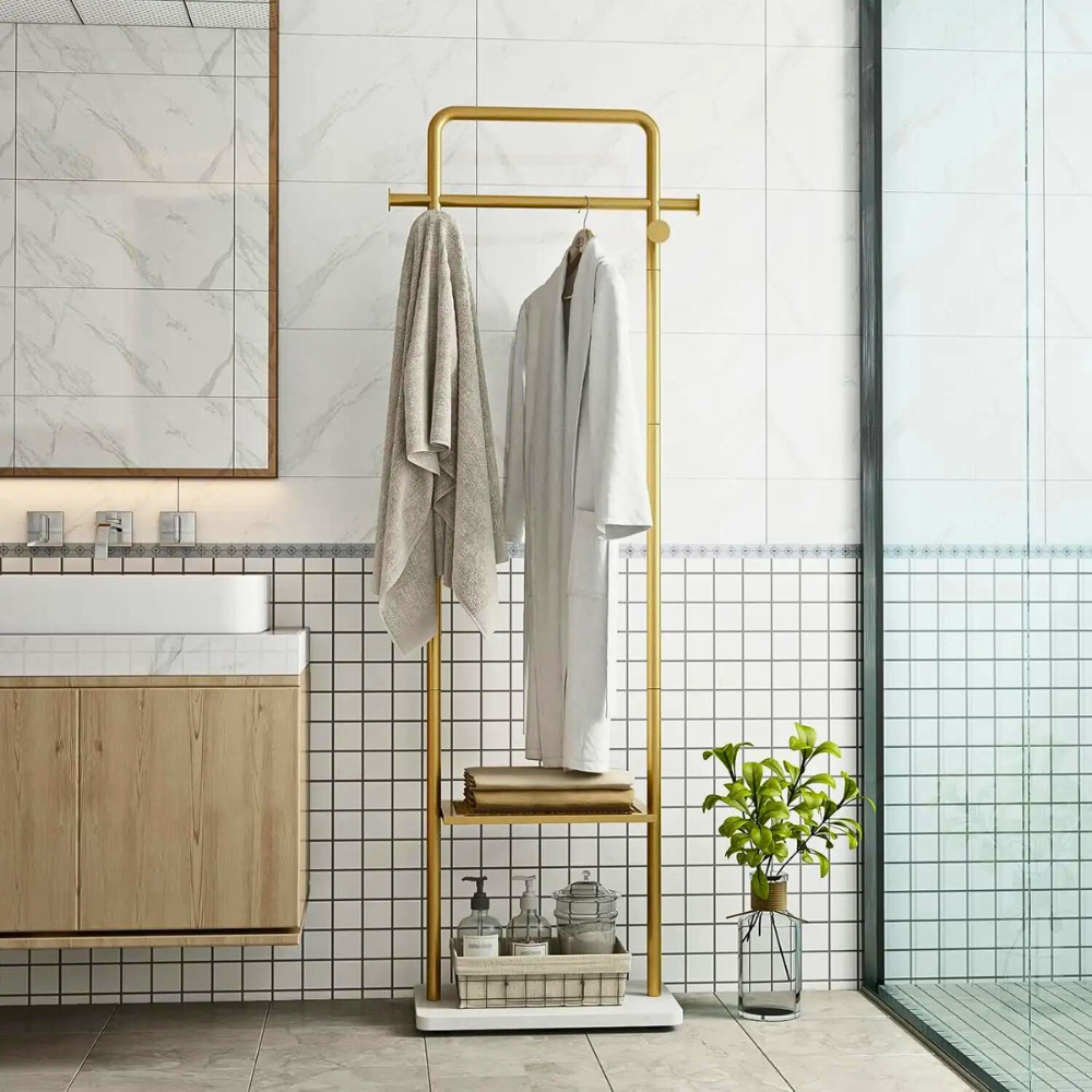 Heavy Duty Gold Pole Clothing Rack with Granite Stone Base