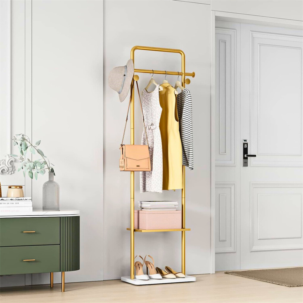 Heavy Duty Gold Pole Clothing Rack with Granite Stone Base