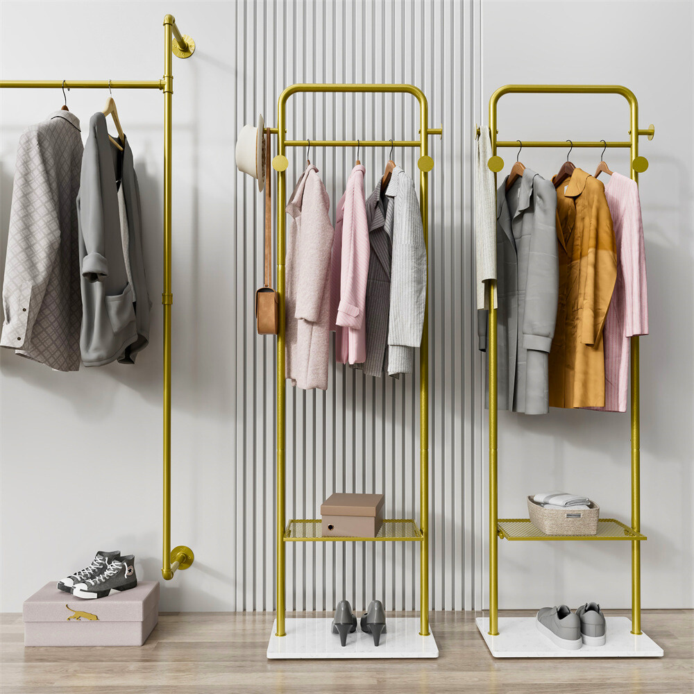 Heavy Duty Gold Pole Clothing Rack with Granite Stone Base