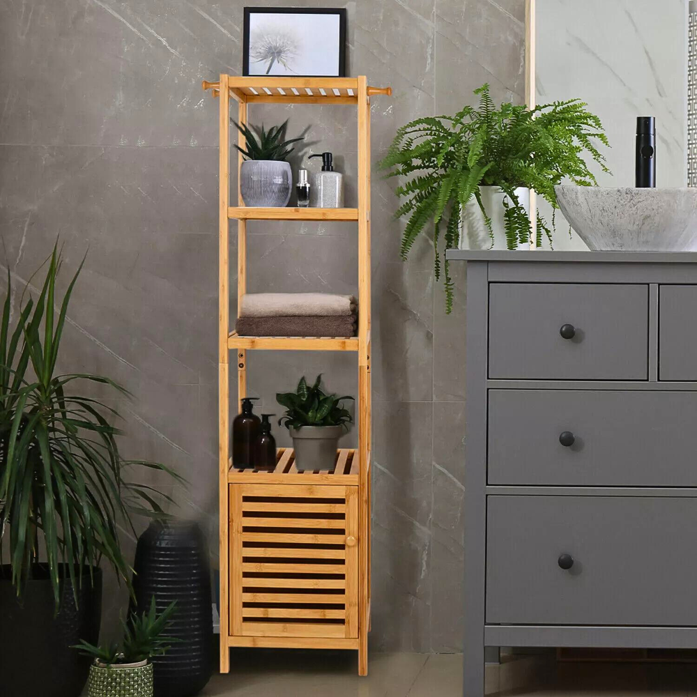 Tall Slim Bamboo Bathroom Storage Cabinet with 3-tier Shelves