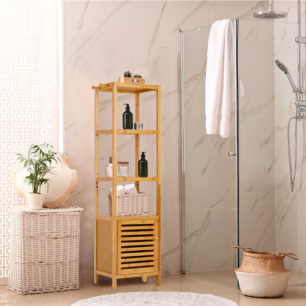 Tall Slim Bamboo Bathroom Storage Cabinet with 3-tier Shelves
