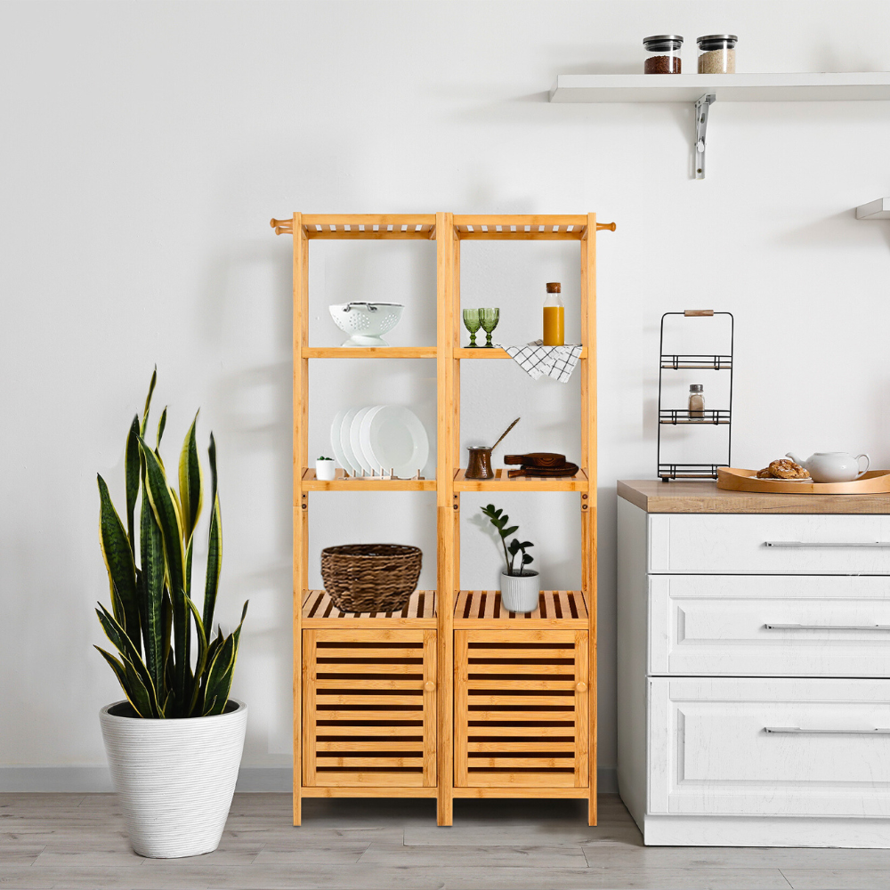 Tall Slim Bamboo Bathroom Storage Cabinet with 3-tier Shelves
