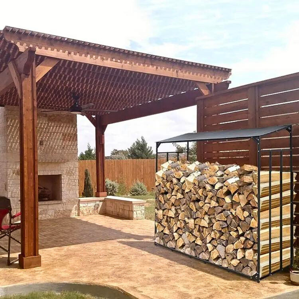 Heavy Duty Outdoor Firewood Storage Metal Log Rack with Top Cover