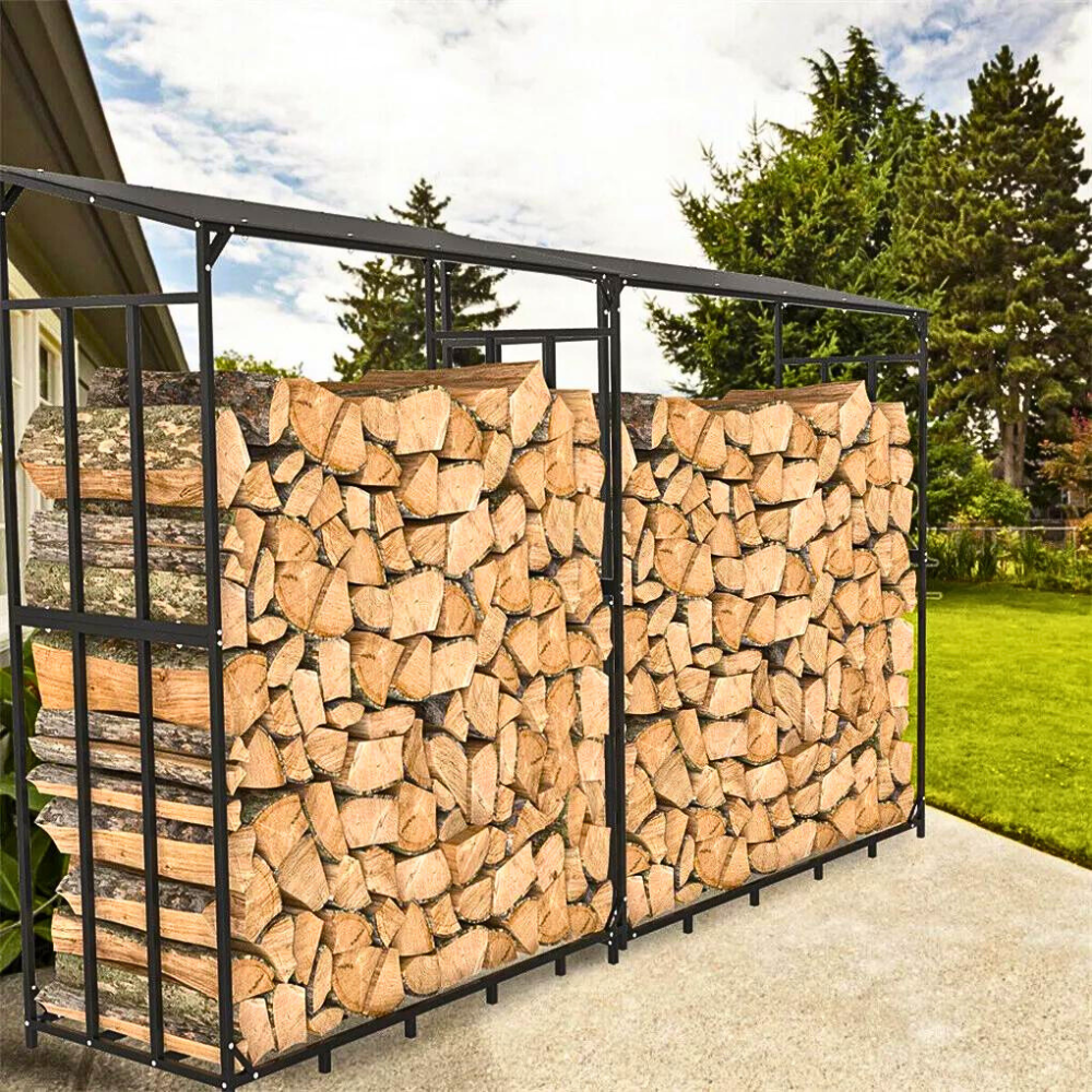 Heavy Duty Outdoor Firewood Storage Metal Log Rack with Top Cover