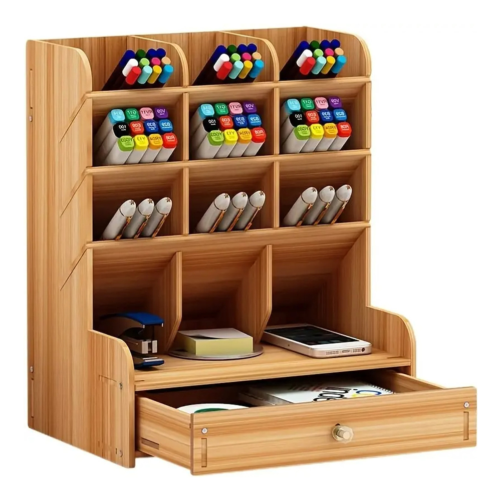 Wooden Desk Organizer Student Stationery Storage Box