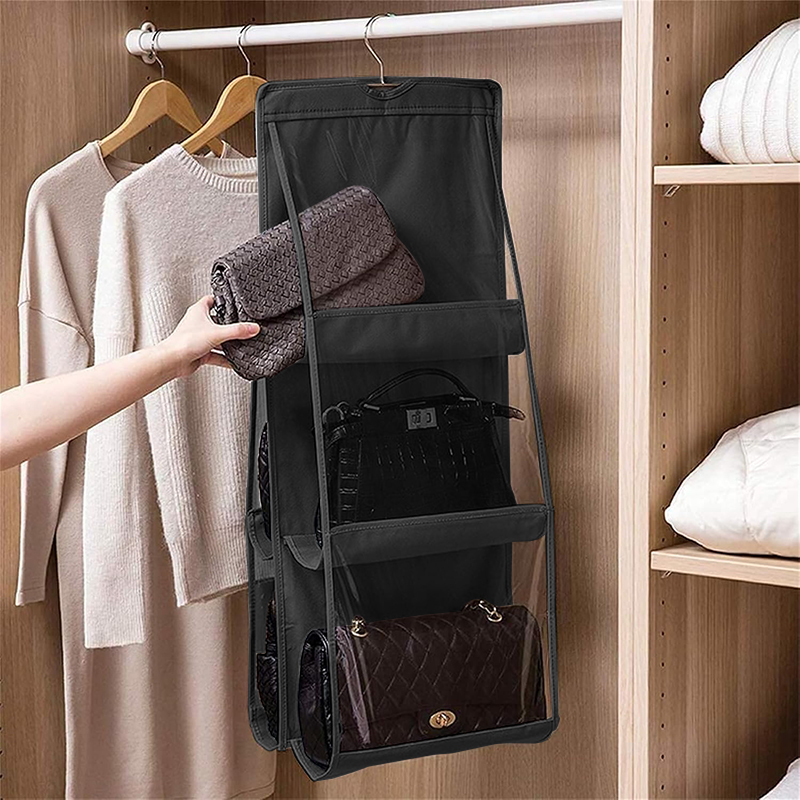 Black Foldable Oxford Cloth Handbag Storage Bag With 6 Pockets