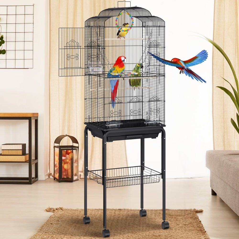 60 Inch Flight Bird Cage with Rolling Stand and Hanging Toys Large Metal Aviary for Happy Birds
