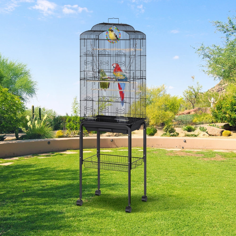 60 Inch Flight Bird Cage with Rolling Stand and Hanging Toys Large Metal Aviary for Happy Birds
