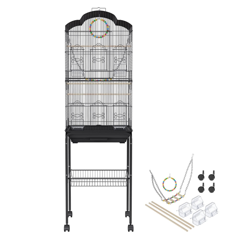 60 Inch Flight Bird Cage with Rolling Stand and Hanging Toys Large Metal Aviary for Happy Birds