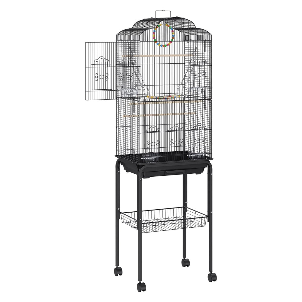 60 Inch Flight Bird Cage with Rolling Stand and Hanging Toys Large Metal Aviary for Happy Birds