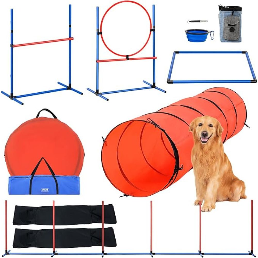 5 Piece Dog Agility Training Set Upgrade with Adjustable Hurdles and Extended Tunnel