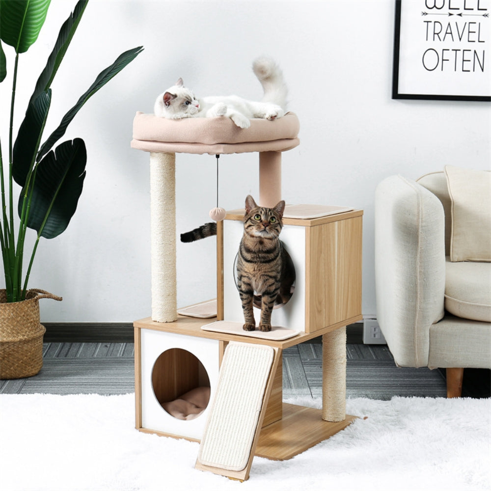 130CM Large Cat Tree Wooden Tower Indoor with Double Condos Spacious Perch Soft Hammock