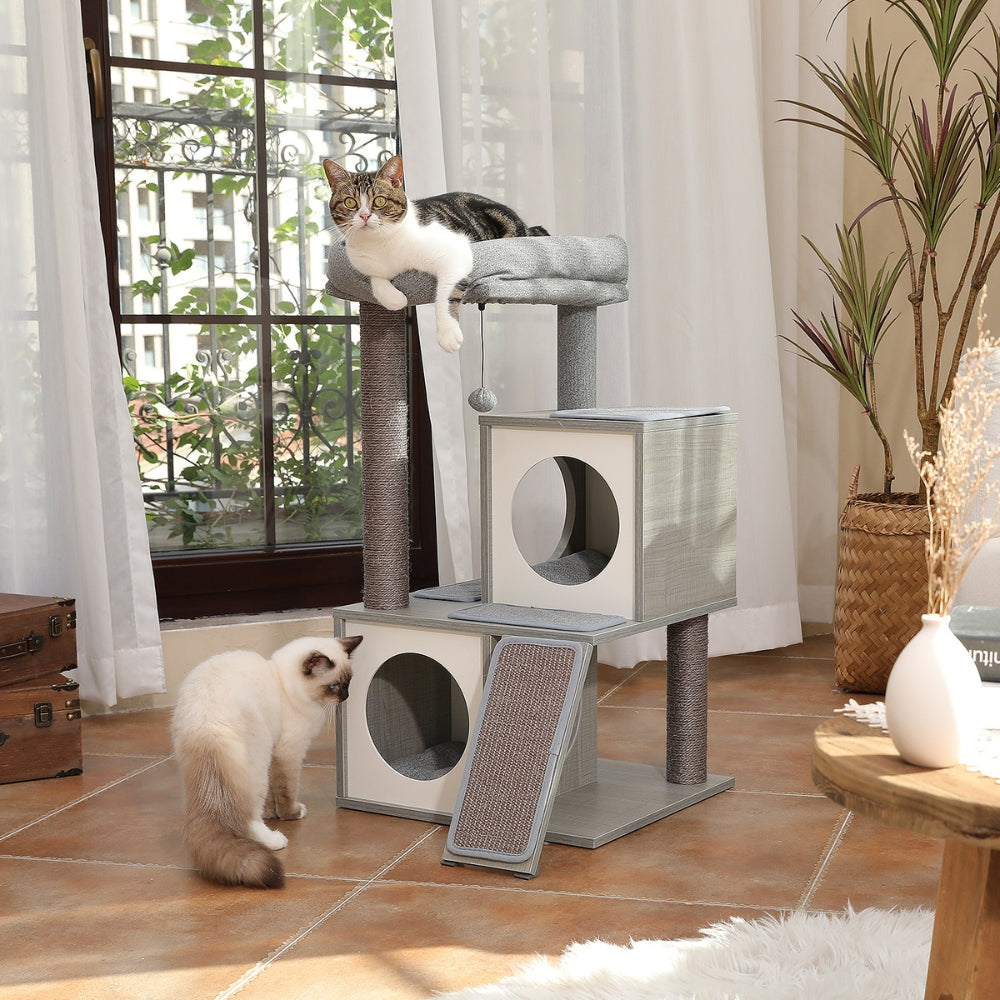 130CM Large Cat Tree Wooden Tower Indoor with Double Condos Spacious Perch Soft Hammock