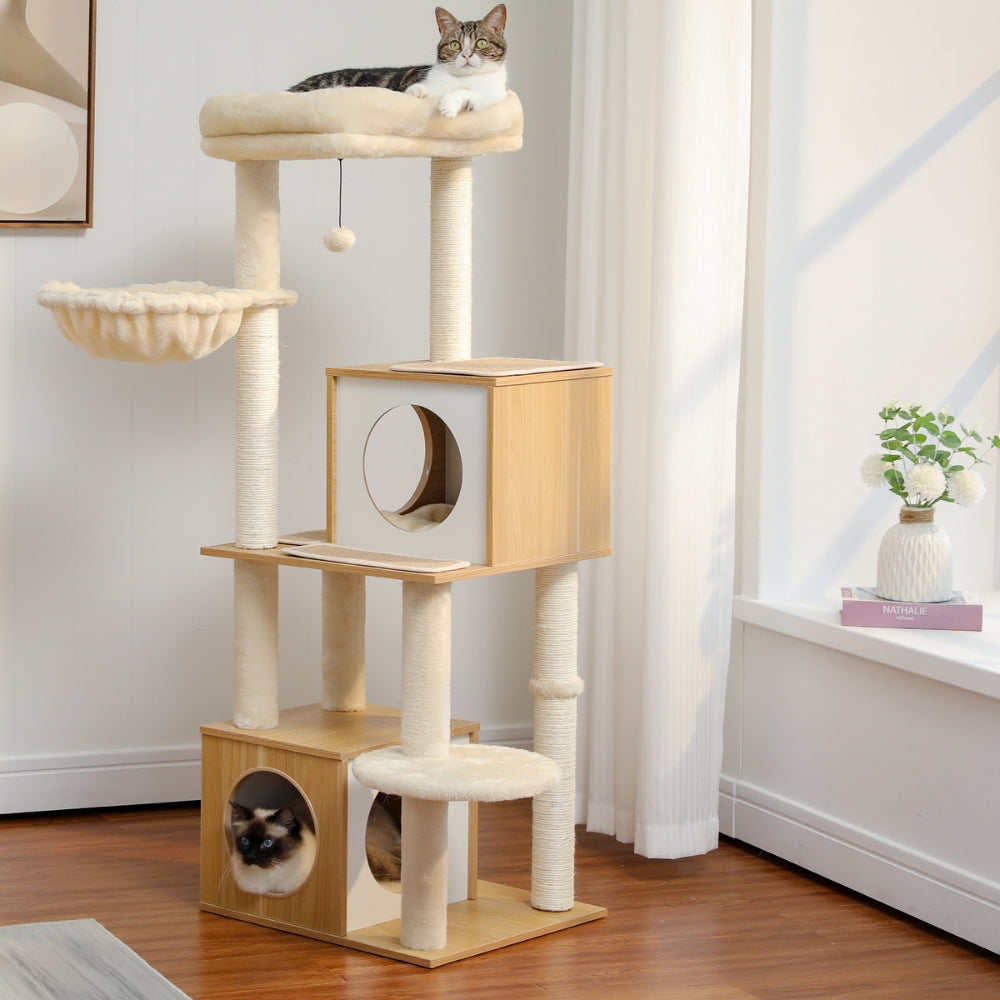 130CM Large Cat Tree Wooden Tower Indoor with Double Condos Spacious Perch Soft Hammock