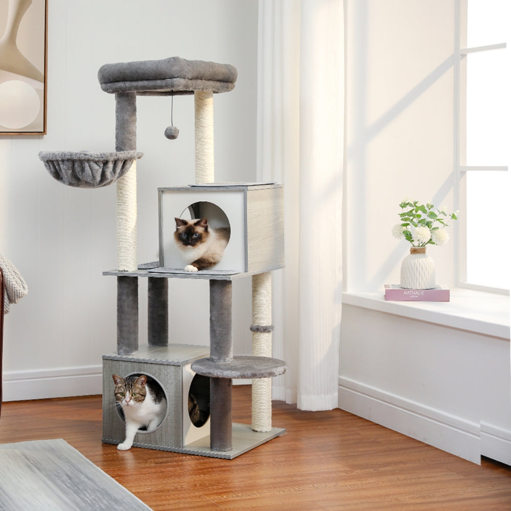 130CM Large Cat Tree Wooden Tower Indoor with Double Condos Spacious Perch Soft Hammock
