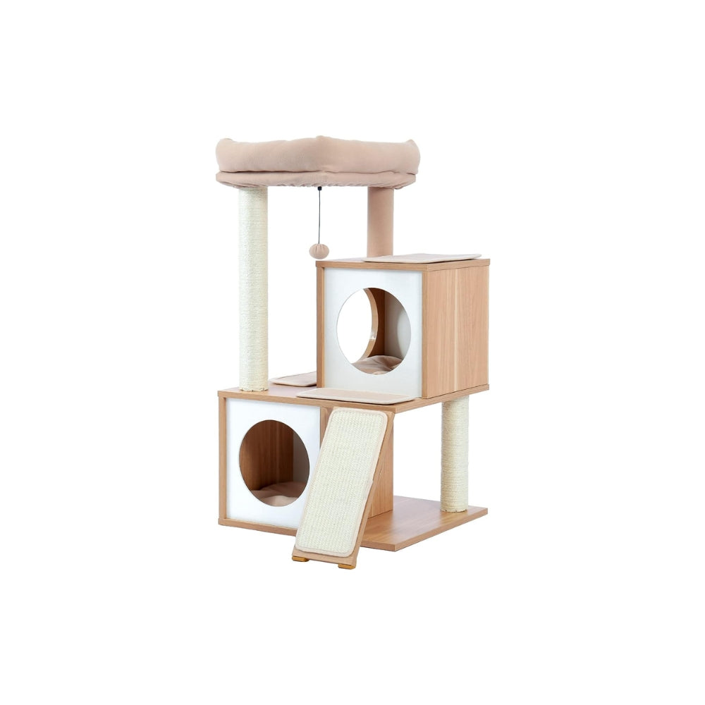 130CM Large Cat Tree Wooden Tower Indoor with Double Condos Spacious Perch Soft Hammock