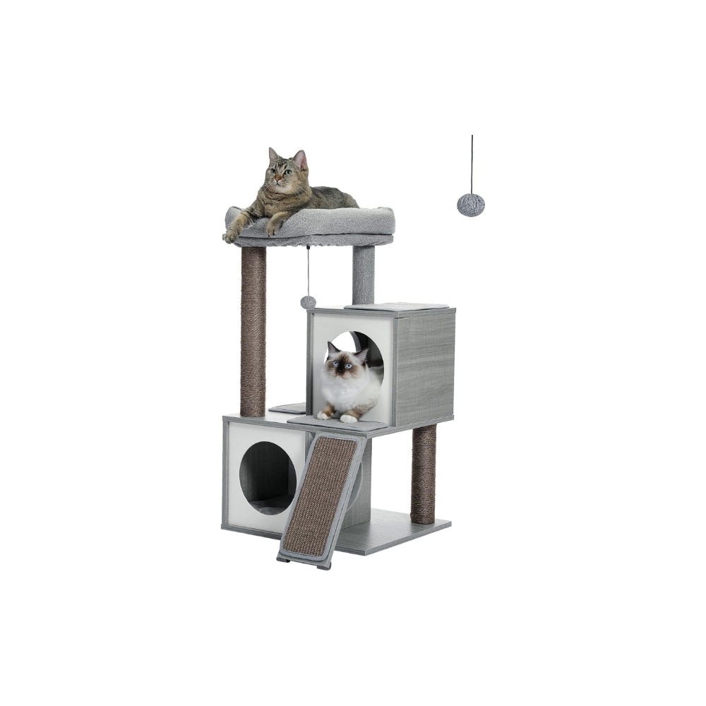 130CM Large Cat Tree Wooden Tower Indoor with Double Condos Spacious Perch Soft Hammock