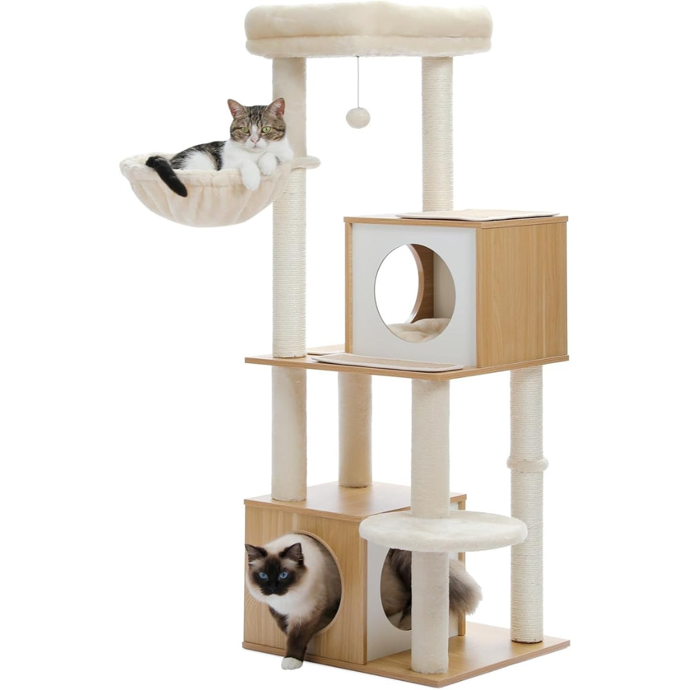 130CM Large Cat Tree Wooden Tower Indoor with Double Condos Spacious Perch Soft Hammock
