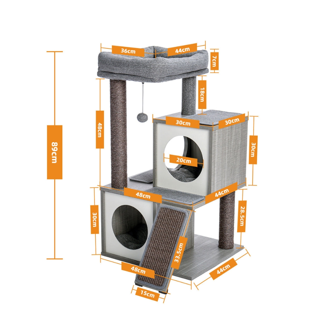 130CM Large Cat Tree Wooden Tower Indoor with Double Condos Spacious Perch Soft Hammock