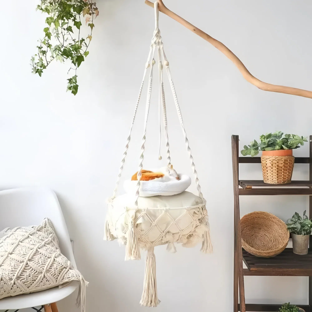 Hand Woven Cotton Cat Hammock Luxurious Hanging Basket for Indoor Kitties