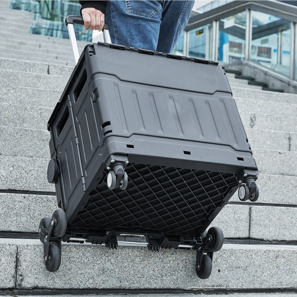 Stair Climbing Cart Outdoor Portable Rolling Crate Handcart With Telescoping Handle and Lid
