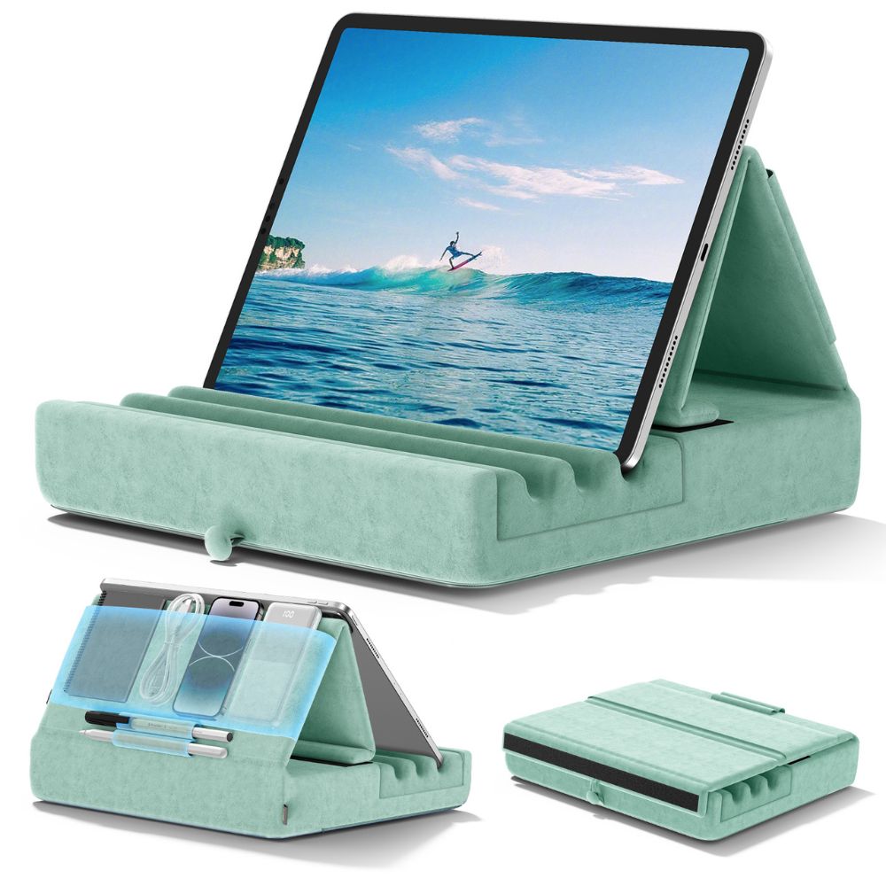 Tablet Pillow Stand Foldable Holder for iPad Pro with Soft Pad, Pocket and Stylus Mount