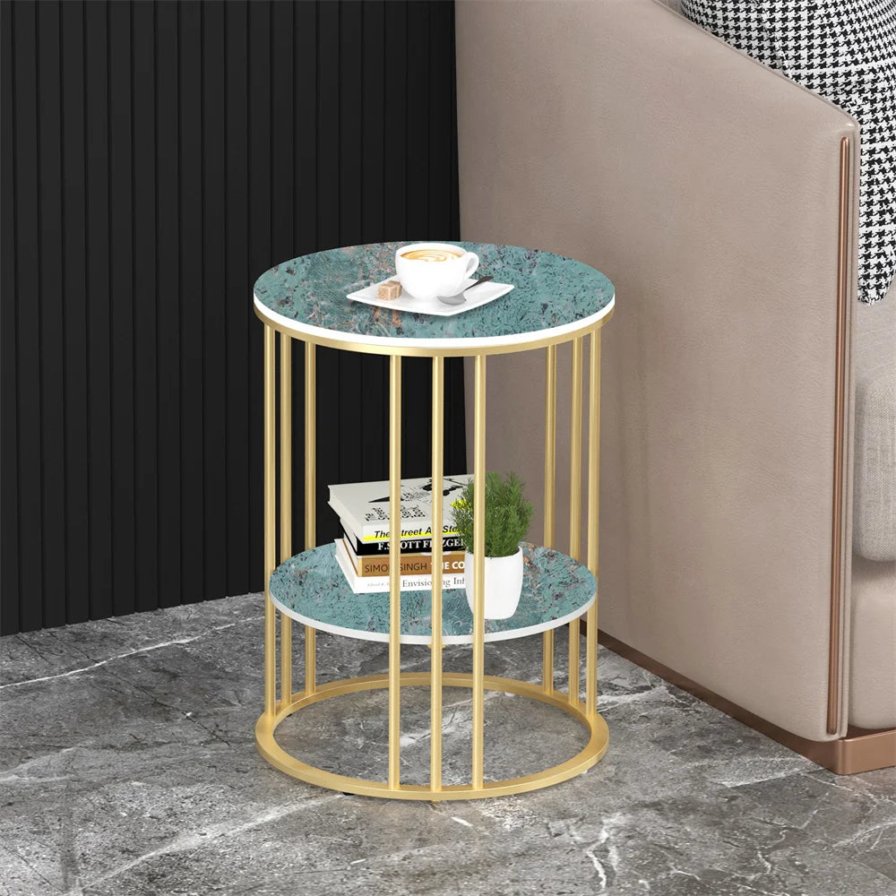 Round Marble Accent Table End 2 Tiers Storage Table - Black