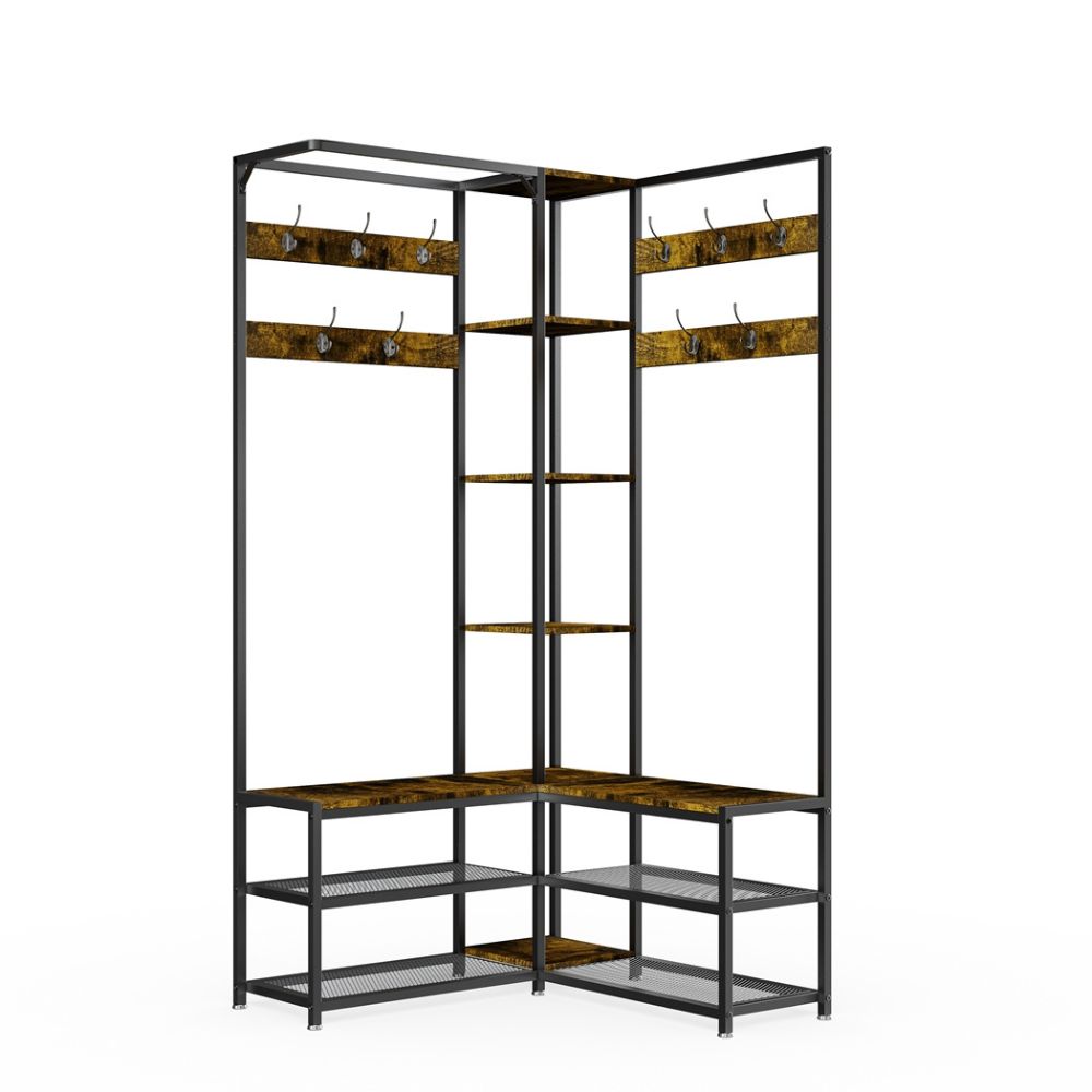 Free-Standing Corner Hall Tree with Storage Metal Coat and Hat Rack with Shoe Organizer