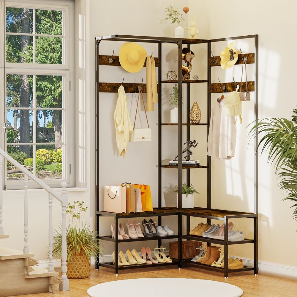 Free-Standing Corner Hall Tree with Storage Metal Coat and Hat Rack with Shoe Organizer