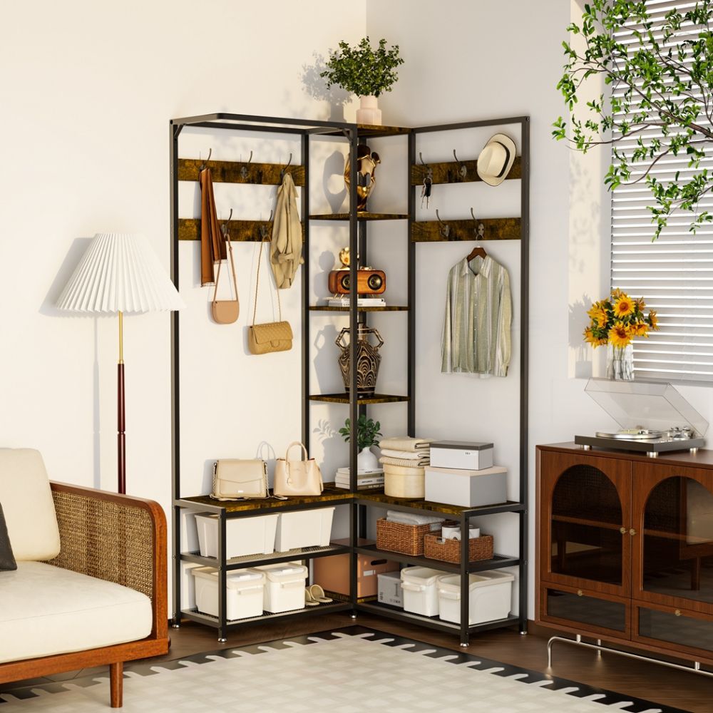 Free-Standing Corner Hall Tree with Storage Metal Coat and Hat Rack with Shoe Organizer