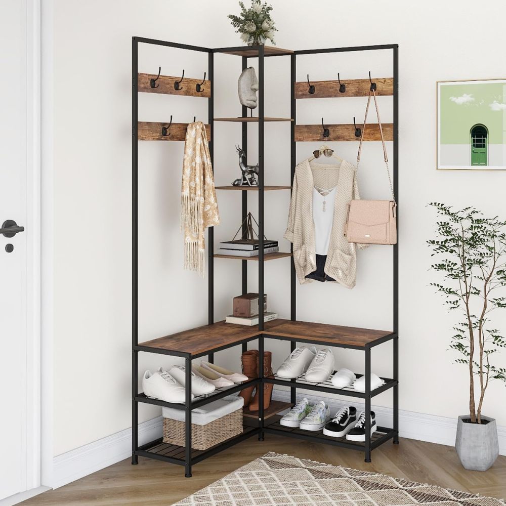 Free-Standing Corner Hall Tree with Storage Metal Coat and Hat Rack with Shoe Organizer