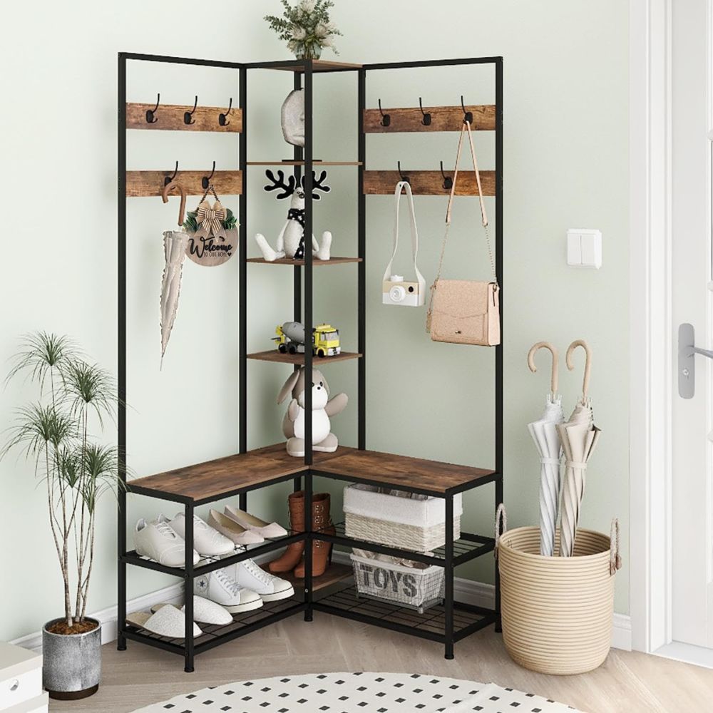 Free-Standing Corner Hall Tree with Storage Metal Coat and Hat Rack with Shoe Organizer