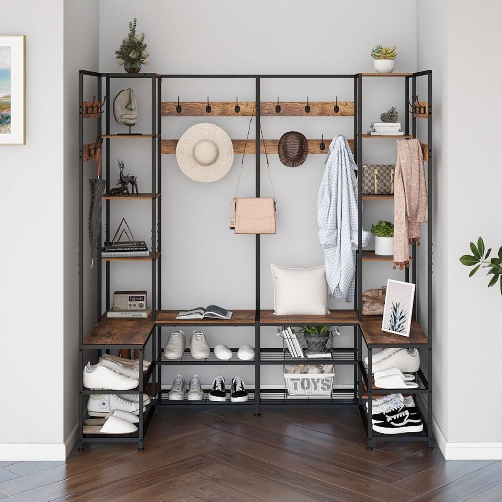 Free-Standing Corner Hall Tree with Storage Metal Coat and Hat Rack with Shoe Organizer