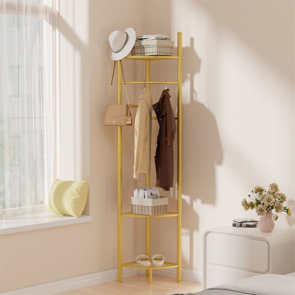 Standing Metal Corner Coat Stand Clothes Rack with Storage Shelf Garment Rack Hall Tree