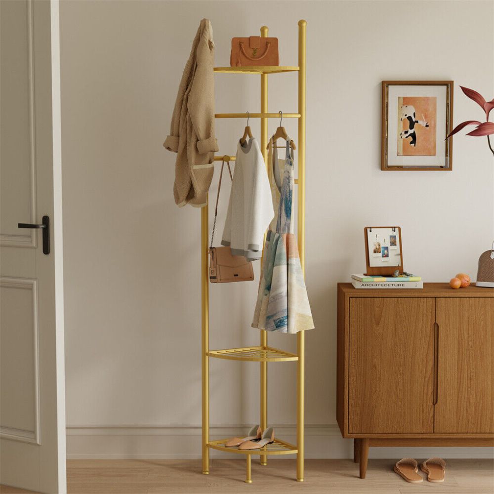 Standing Metal Corner Coat Stand Clothes Rack with Storage Shelf Garment Rack Hall Tree